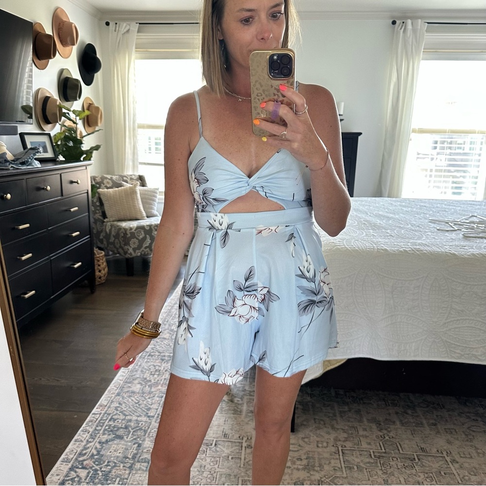 Light Blue Floral Cutout Romper